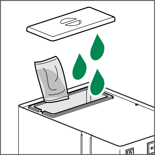 Fill the water reservoir (ca. 2 litres) and add the water softener